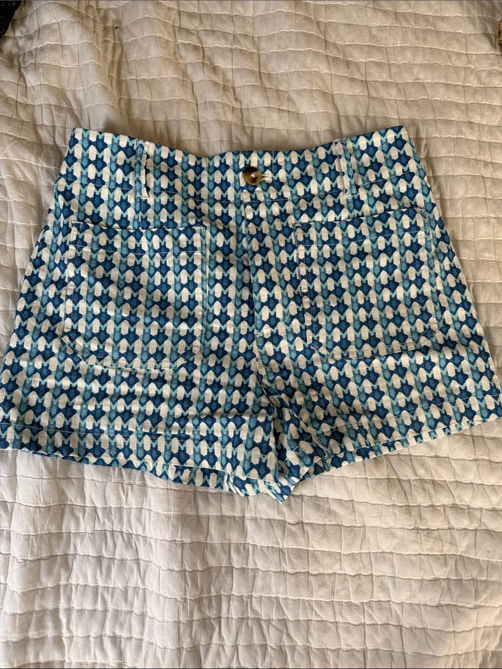 Maeve Teal and White Geometric High-Waist Shorts